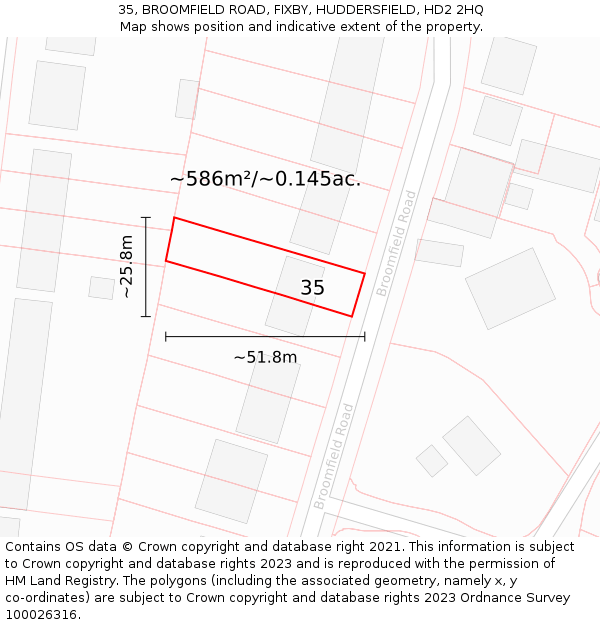 35, BROOMFIELD ROAD, FIXBY, HUDDERSFIELD, HD2 2HQ: Plot and title map