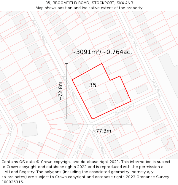 35, BROOMFIELD ROAD, STOCKPORT, SK4 4NB: Plot and title map