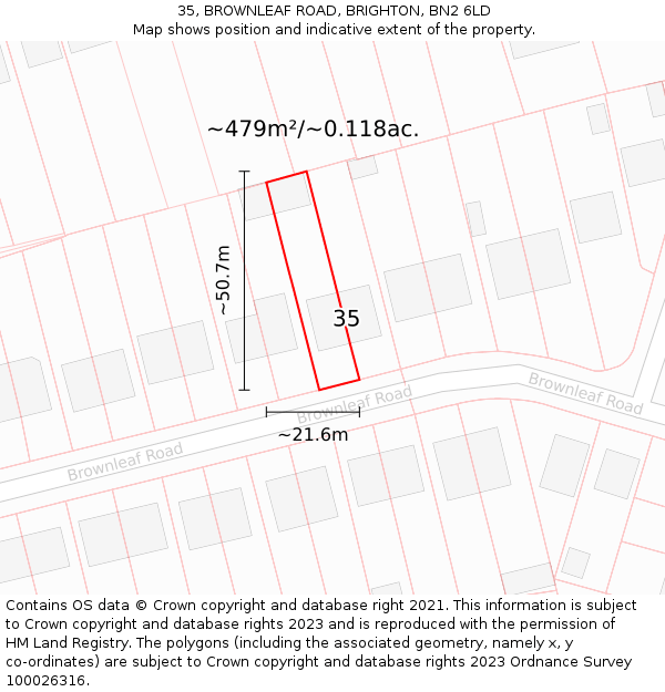 35, BROWNLEAF ROAD, BRIGHTON, BN2 6LD: Plot and title map