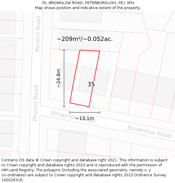 35, BROWNLOW ROAD, PETERBOROUGH, PE1 3PN: Plot and title map