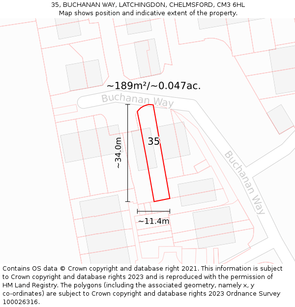 35, BUCHANAN WAY, LATCHINGDON, CHELMSFORD, CM3 6HL: Plot and title map