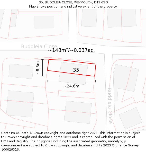 35, BUDDLEIA CLOSE, WEYMOUTH, DT3 6SG: Plot and title map