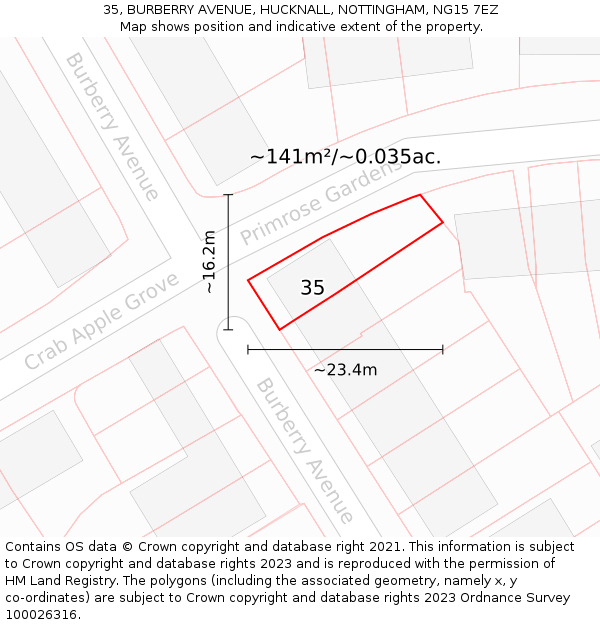 35, BURBERRY AVENUE, HUCKNALL, NOTTINGHAM, NG15 7EZ: Plot and title map