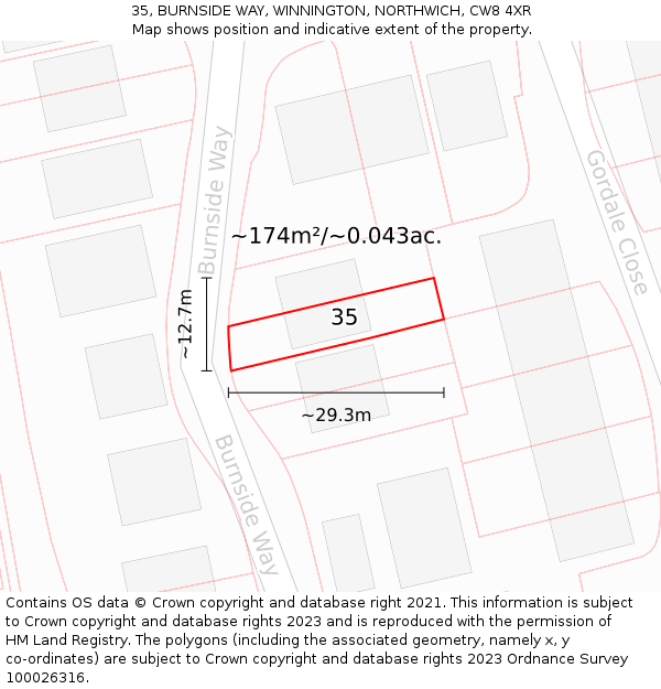 35, BURNSIDE WAY, WINNINGTON, NORTHWICH, CW8 4XR: Plot and title map