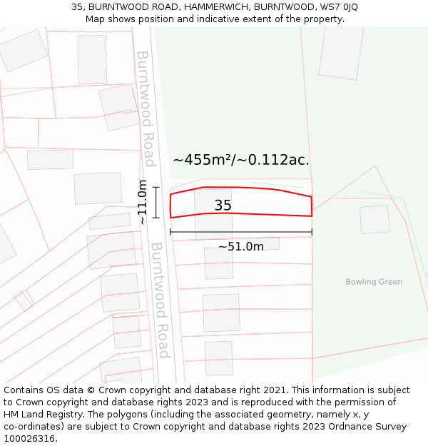 35, BURNTWOOD ROAD, HAMMERWICH, BURNTWOOD, WS7 0JQ: Plot and title map