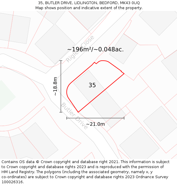 35, BUTLER DRIVE, LIDLINGTON, BEDFORD, MK43 0UQ: Plot and title map