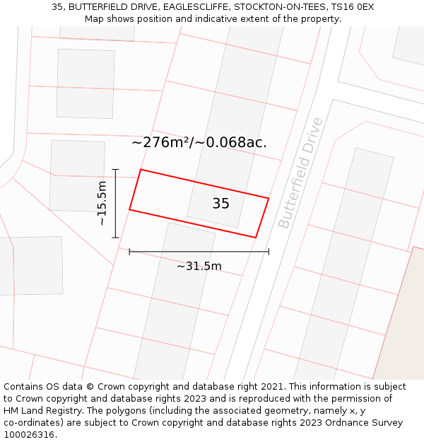 35, BUTTERFIELD DRIVE, EAGLESCLIFFE, STOCKTON-ON-TEES, TS16 0EX: Plot and title map