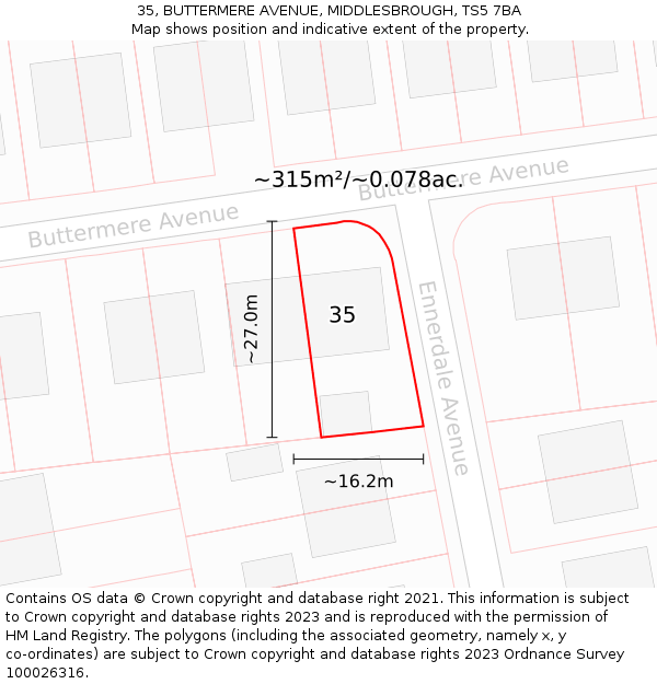35, BUTTERMERE AVENUE, MIDDLESBROUGH, TS5 7BA: Plot and title map