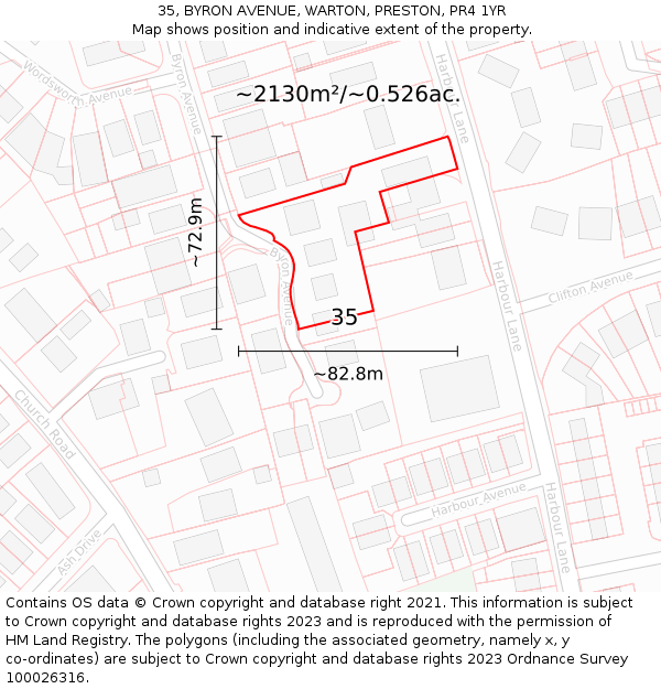 35, BYRON AVENUE, WARTON, PRESTON, PR4 1YR: Plot and title map