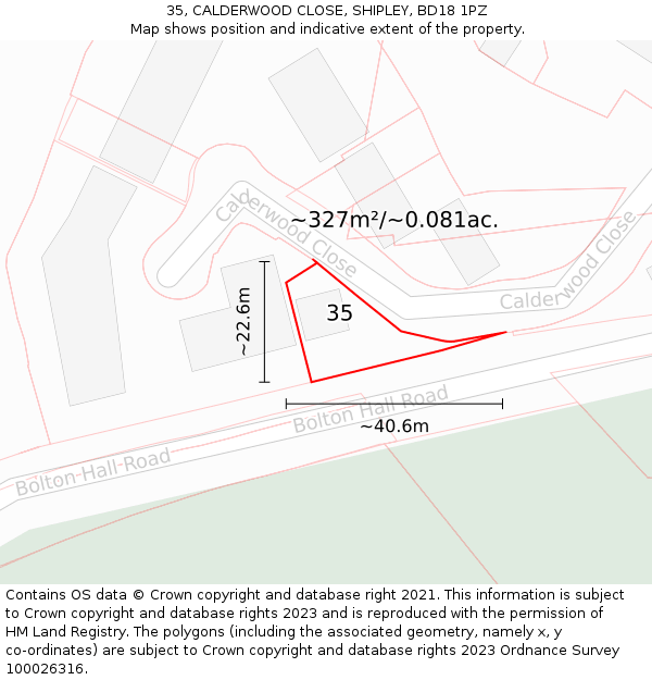 35, CALDERWOOD CLOSE, SHIPLEY, BD18 1PZ: Plot and title map