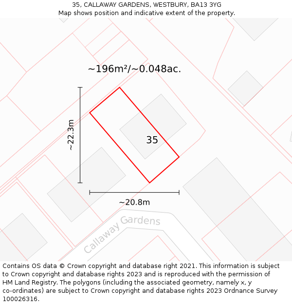 35, CALLAWAY GARDENS, WESTBURY, BA13 3YG: Plot and title map