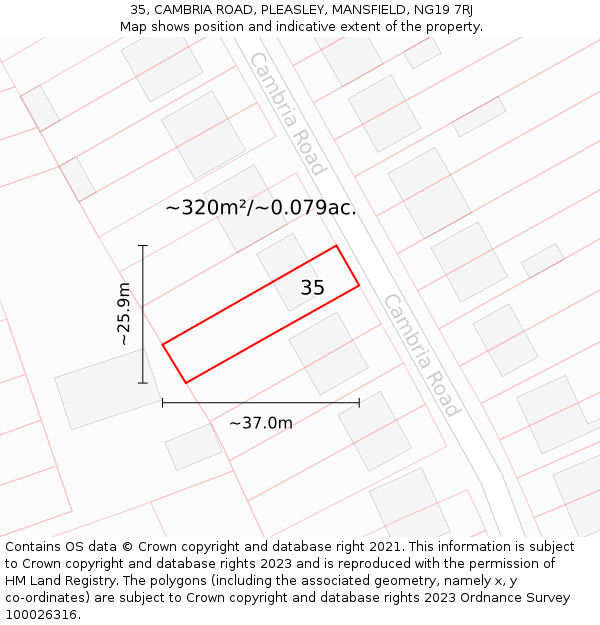 35, CAMBRIA ROAD, PLEASLEY, MANSFIELD, NG19 7RJ: Plot and title map