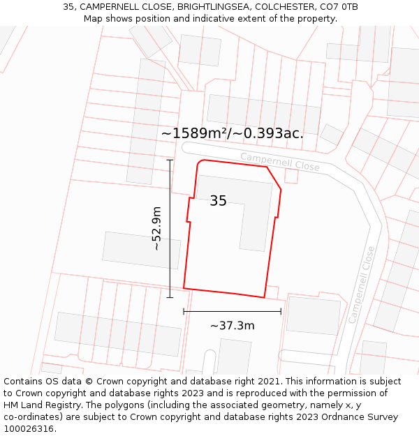 35, CAMPERNELL CLOSE, BRIGHTLINGSEA, COLCHESTER, CO7 0TB: Plot and title map