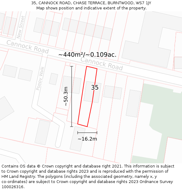 35, CANNOCK ROAD, CHASE TERRACE, BURNTWOOD, WS7 1JY: Plot and title map
