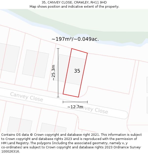 35, CANVEY CLOSE, CRAWLEY, RH11 9HD: Plot and title map