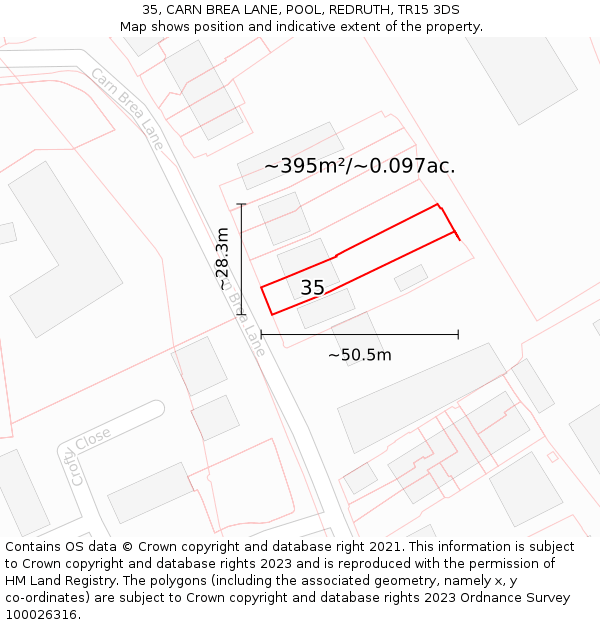 35, CARN BREA LANE, POOL, REDRUTH, TR15 3DS: Plot and title map