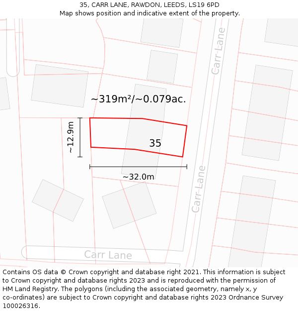 35, CARR LANE, RAWDON, LEEDS, LS19 6PD: Plot and title map