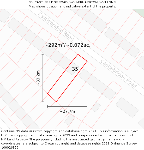 35, CASTLEBRIDGE ROAD, WOLVERHAMPTON, WV11 3NS: Plot and title map