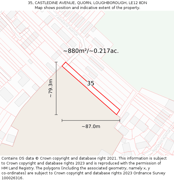 35, CASTLEDINE AVENUE, QUORN, LOUGHBOROUGH, LE12 8DN: Plot and title map