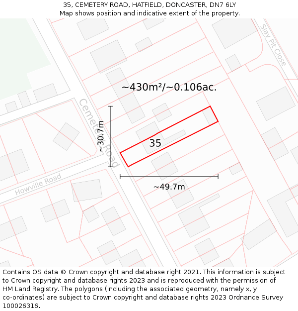 35, CEMETERY ROAD, HATFIELD, DONCASTER, DN7 6LY: Plot and title map