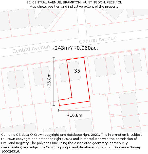 35, CENTRAL AVENUE, BRAMPTON, HUNTINGDON, PE28 4QL: Plot and title map
