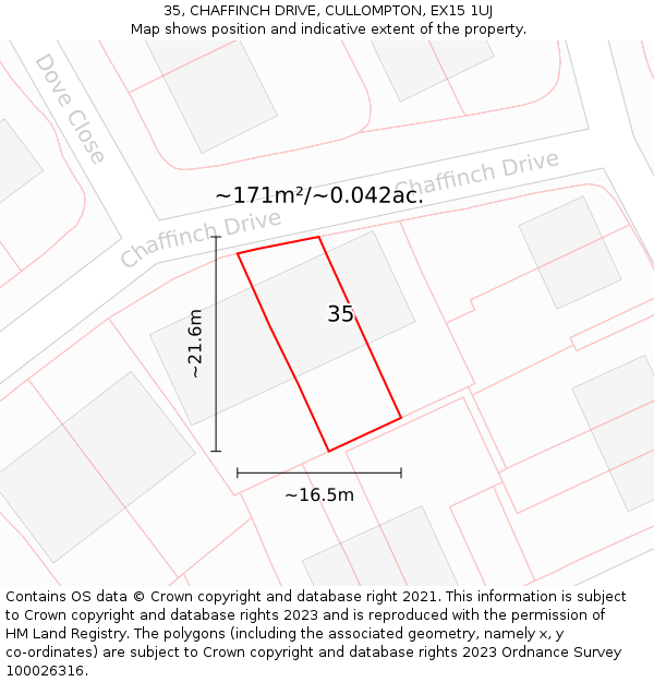 35, CHAFFINCH DRIVE, CULLOMPTON, EX15 1UJ: Plot and title map