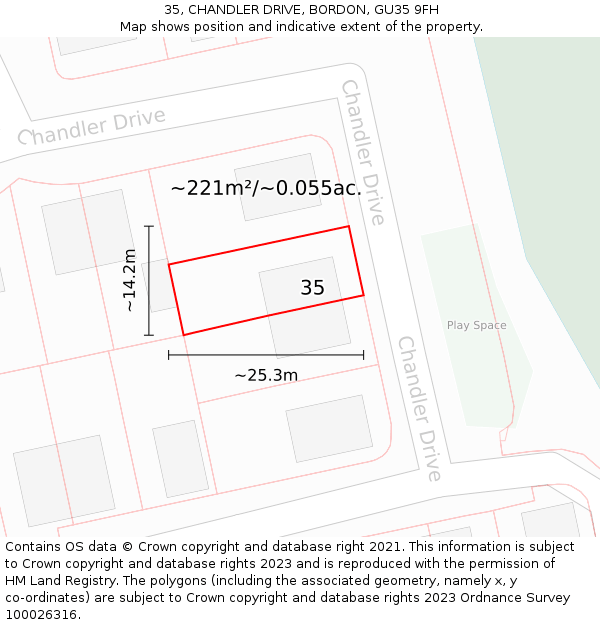 35, CHANDLER DRIVE, BORDON, GU35 9FH: Plot and title map