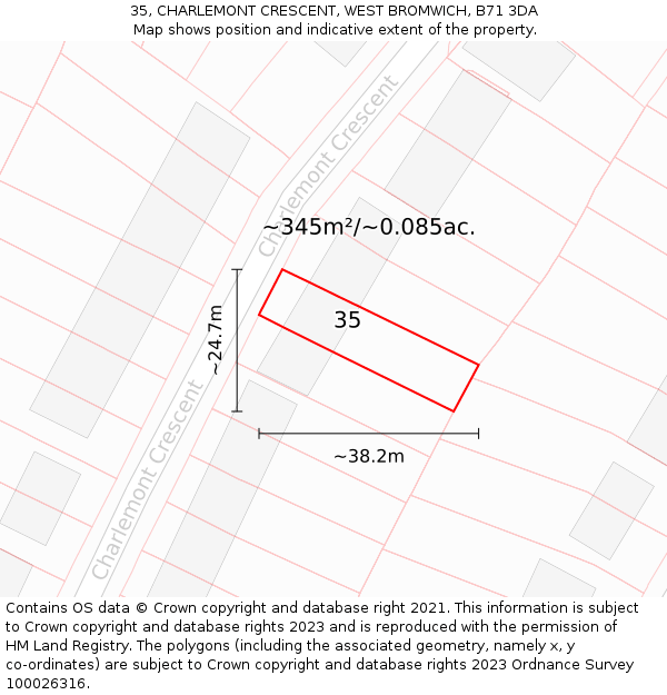 35, CHARLEMONT CRESCENT, WEST BROMWICH, B71 3DA: Plot and title map