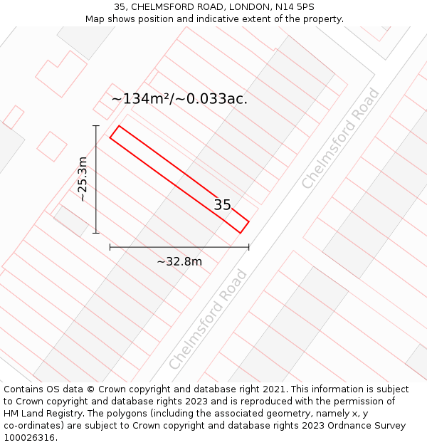 35, CHELMSFORD ROAD, LONDON, N14 5PS: Plot and title map