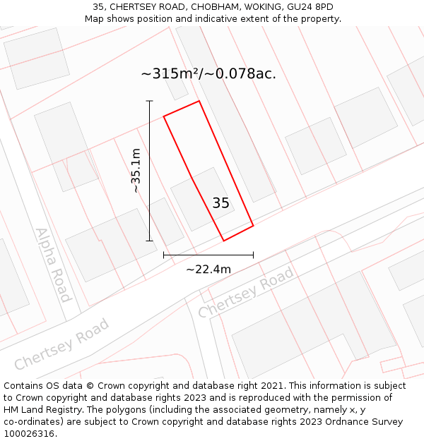 35, CHERTSEY ROAD, CHOBHAM, WOKING, GU24 8PD: Plot and title map