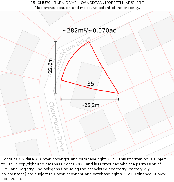 35, CHURCHBURN DRIVE, LOANSDEAN, MORPETH, NE61 2BZ: Plot and title map