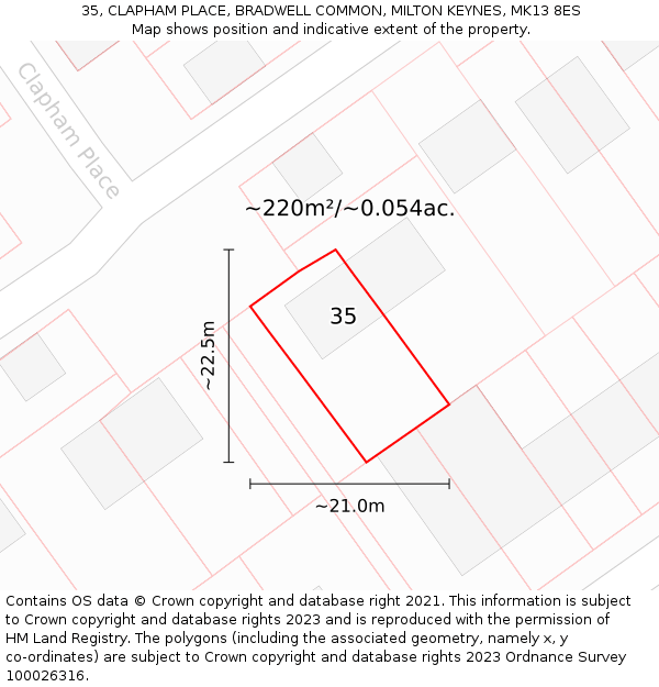 35, CLAPHAM PLACE, BRADWELL COMMON, MILTON KEYNES, MK13 8ES: Plot and title map