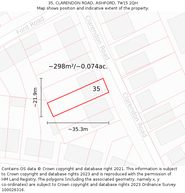 35, CLARENDON ROAD, ASHFORD, TW15 2QH: Plot and title map