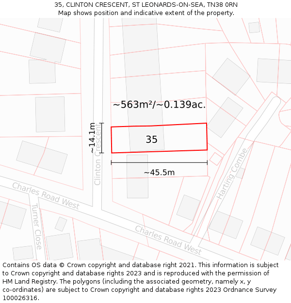 35, CLINTON CRESCENT, ST LEONARDS-ON-SEA, TN38 0RN: Plot and title map