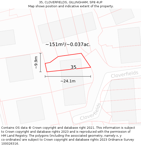 35, CLOVERFIELDS, GILLINGHAM, SP8 4UP: Plot and title map