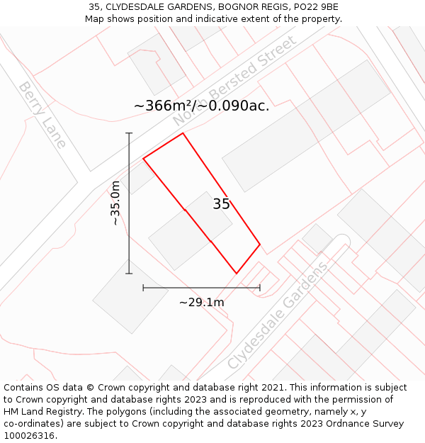 35, CLYDESDALE GARDENS, BOGNOR REGIS, PO22 9BE: Plot and title map