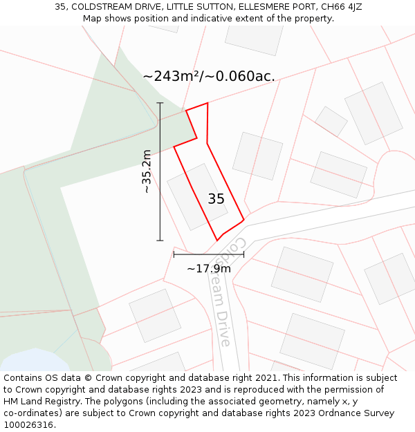 35, COLDSTREAM DRIVE, LITTLE SUTTON, ELLESMERE PORT, CH66 4JZ: Plot and title map