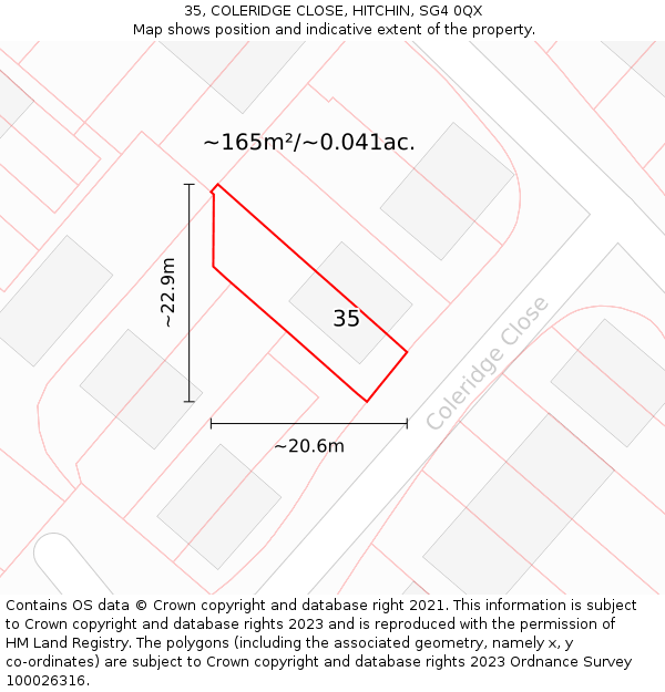 35, COLERIDGE CLOSE, HITCHIN, SG4 0QX: Plot and title map