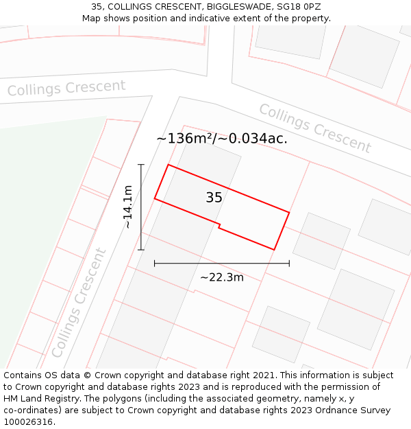 35, COLLINGS CRESCENT, BIGGLESWADE, SG18 0PZ: Plot and title map