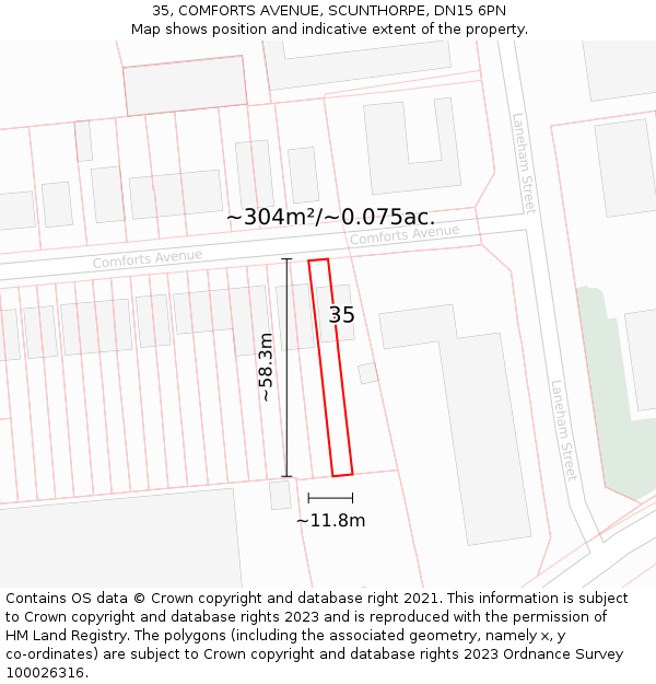 35, COMFORTS AVENUE, SCUNTHORPE, DN15 6PN: Plot and title map