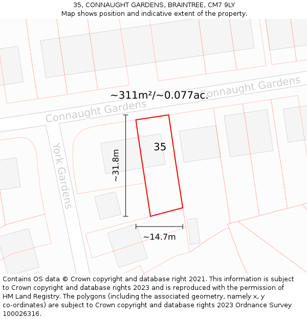 35, CONNAUGHT GARDENS, BRAINTREE, CM7 9LY: Plot and title map