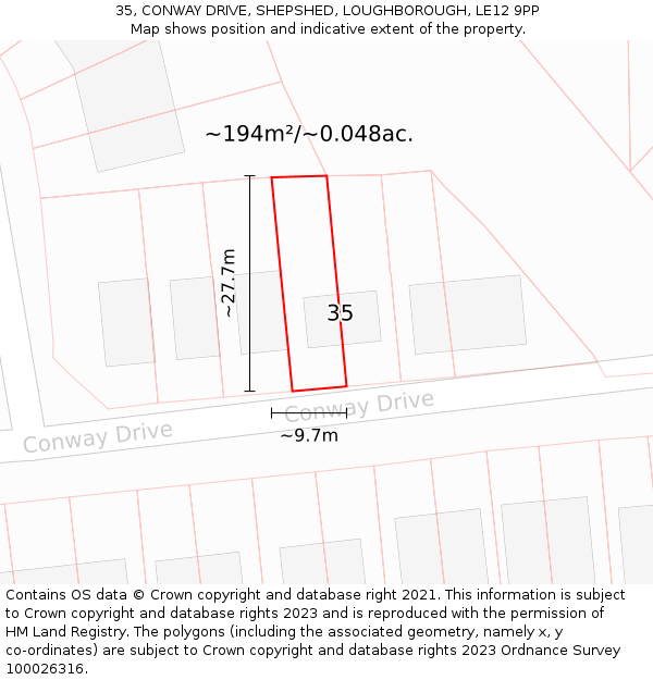 35, CONWAY DRIVE, SHEPSHED, LOUGHBOROUGH, LE12 9PP: Plot and title map