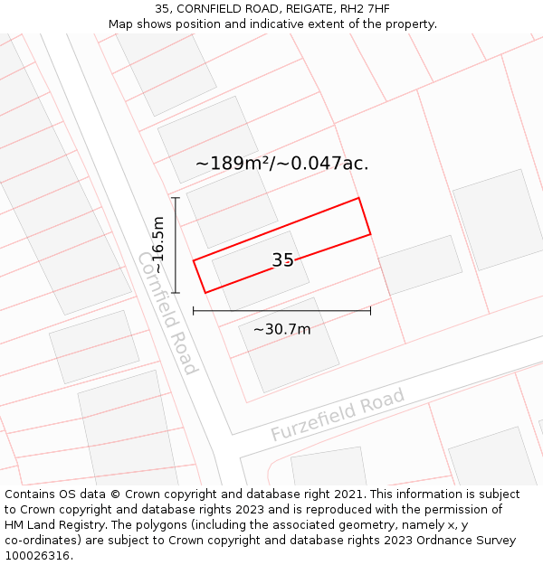 35, CORNFIELD ROAD, REIGATE, RH2 7HF: Plot and title map