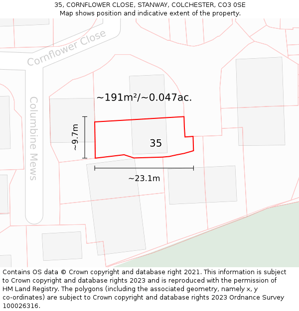 35, CORNFLOWER CLOSE, STANWAY, COLCHESTER, CO3 0SE: Plot and title map