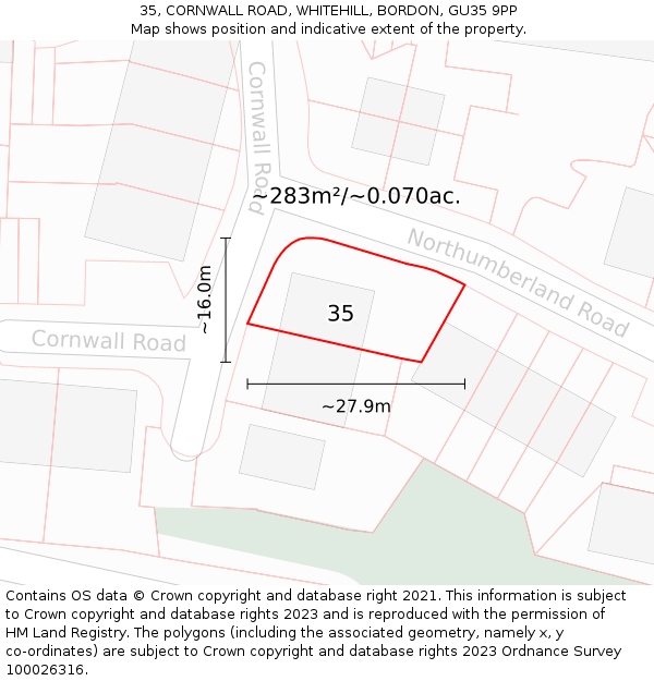35, CORNWALL ROAD, WHITEHILL, BORDON, GU35 9PP: Plot and title map