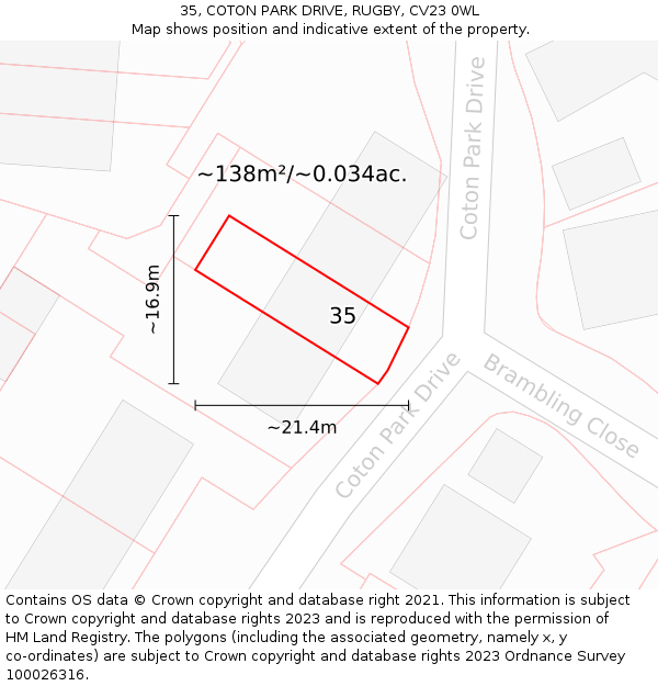35, COTON PARK DRIVE, RUGBY, CV23 0WL: Plot and title map