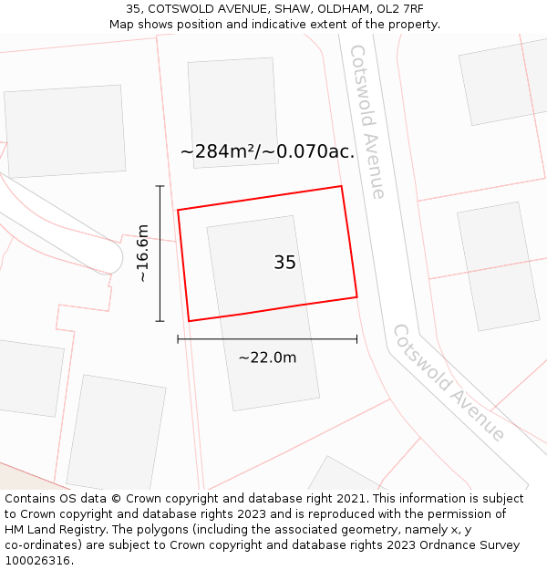 35, COTSWOLD AVENUE, SHAW, OLDHAM, OL2 7RF: Plot and title map