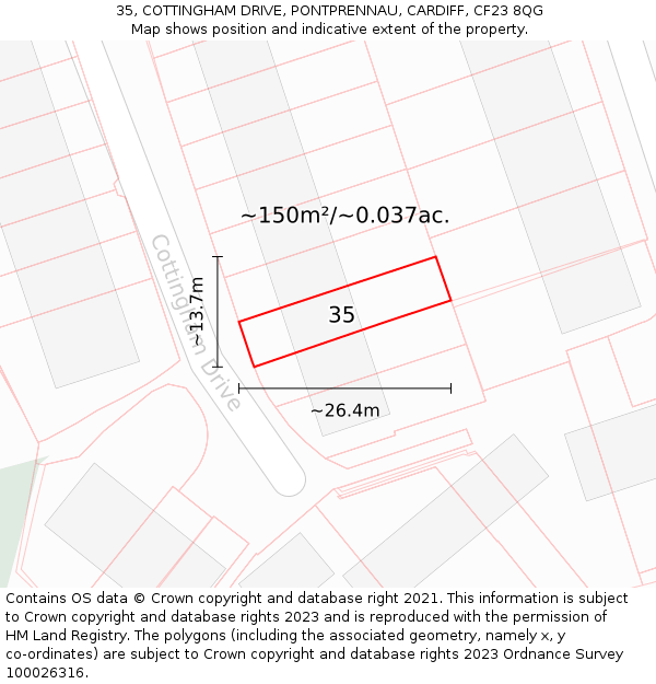 35, COTTINGHAM DRIVE, PONTPRENNAU, CARDIFF, CF23 8QG: Plot and title map