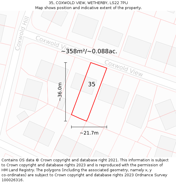 35, COXWOLD VIEW, WETHERBY, LS22 7PU: Plot and title map