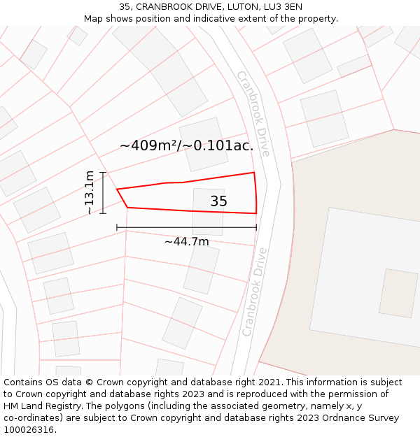 35, CRANBROOK DRIVE, LUTON, LU3 3EN: Plot and title map